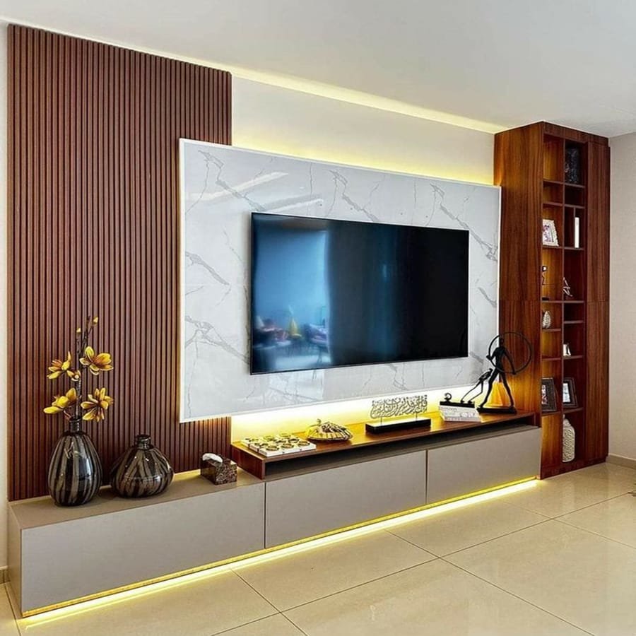 centro de entretenimiento para tv con pared alistonada 3vetas