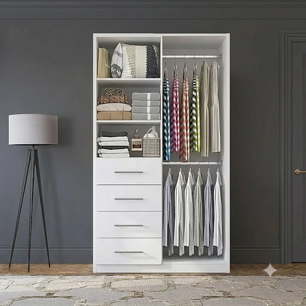 Armario blanco moderno de dos secciones en un ambiente elegante de dormitorio. La sección izquierda tiene repisas superiores con artículos del hogar, cuatro cajones centrales y un espacio inferior para zapatos. La sección derecha tiene tubos dobles para colgar ropa, con camisas y pantalones visibles. Una lámpara de trípode gris y una alfombra gris completan la escena. El armario es de 3Vetas.