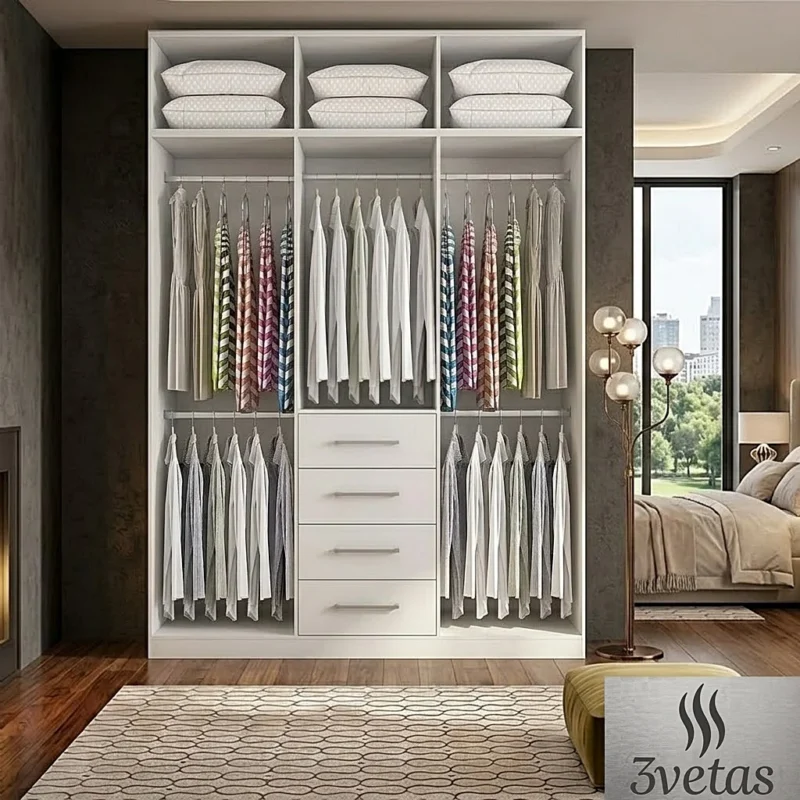 Closet modular blanco mate con distribucion interna de cuatro cajones y colgadores para ropa en dormitorio
