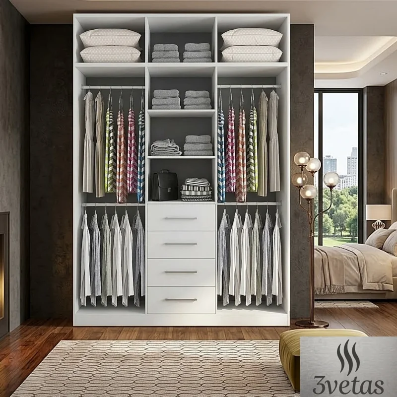 Closet modular blanco mate con distribucion interna de cuatro cajones y colgadores para ropa en dormitorio