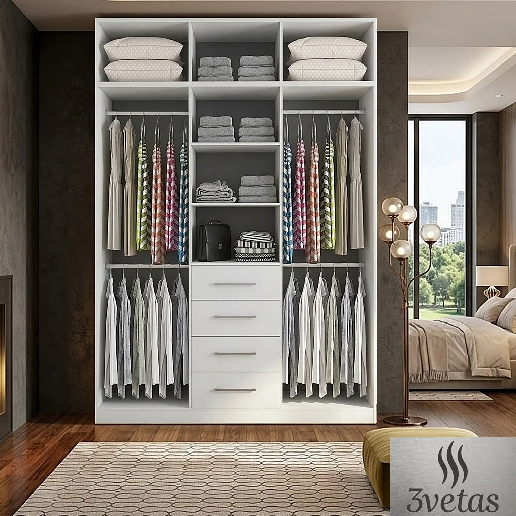 Closet modular blanco mate con distribucion interna de cuatro cajones y colgadores para ropa en dormitorio
