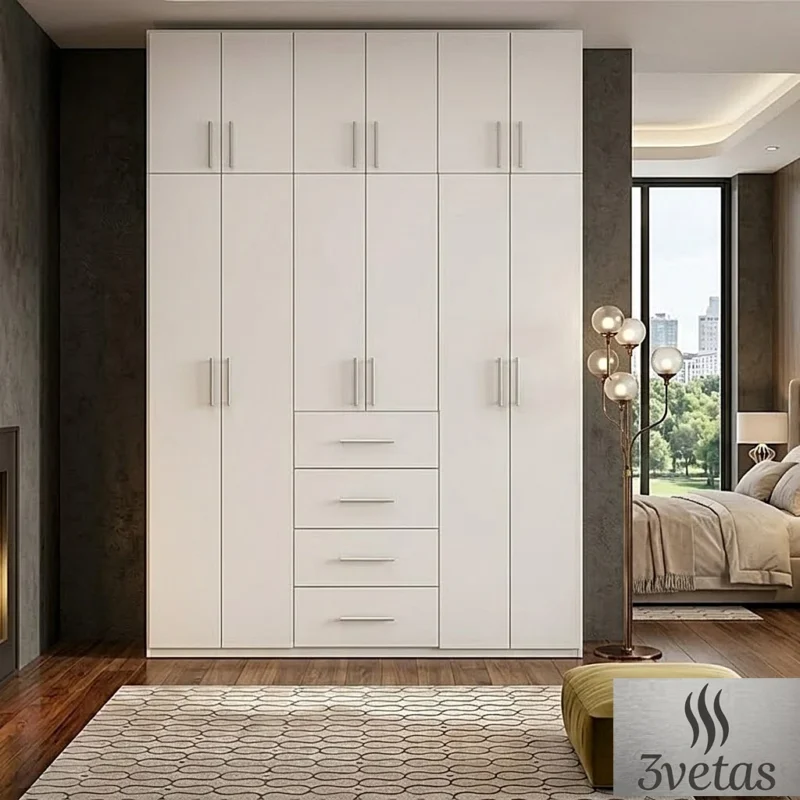 Closet minimalista blanco mate cerrado con puertas y cajonera central de cuatro cajones