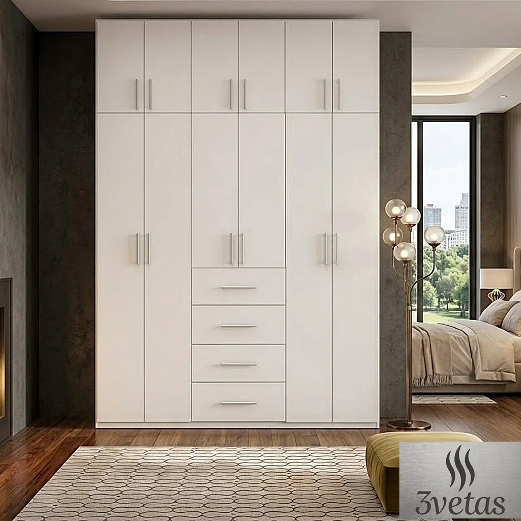 Closet minimalista blanco mate cerrado con puertas y cajonera central de cuatro cajones
