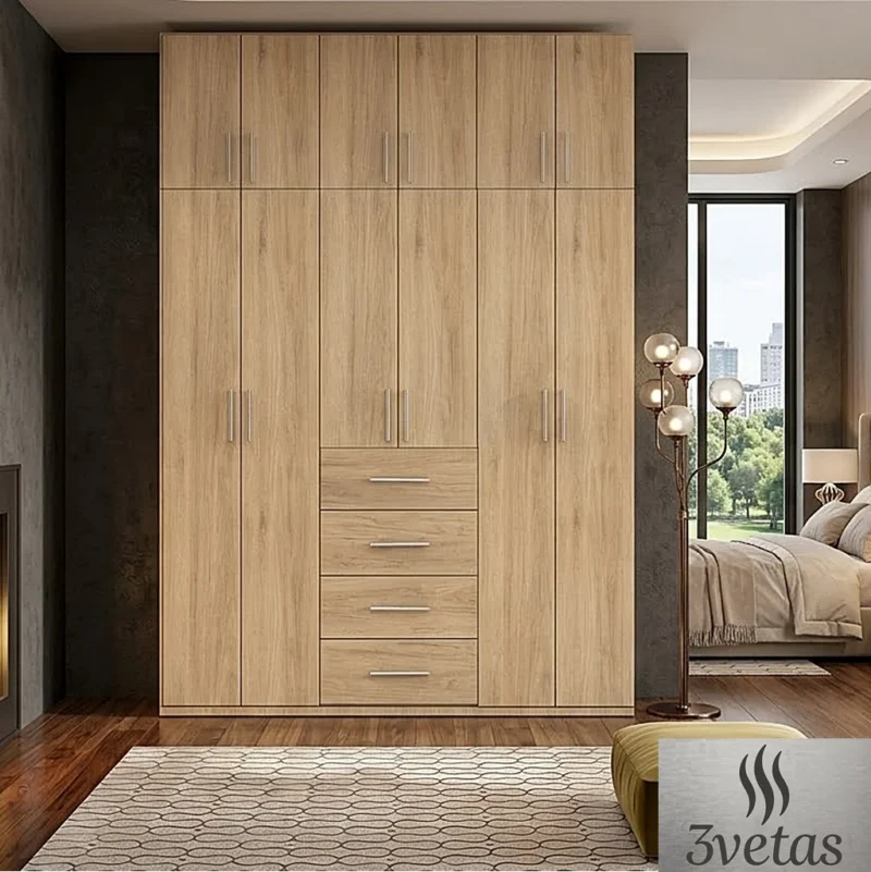 Closet empotrado de piso a techo en textura rovere con puertas modulares modernas y cajones visibles