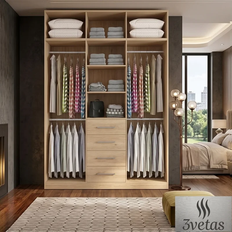 Closet modular moderno en textura rovere pelikano con cuatro cajones centrales y tubos colgadores de ropa
