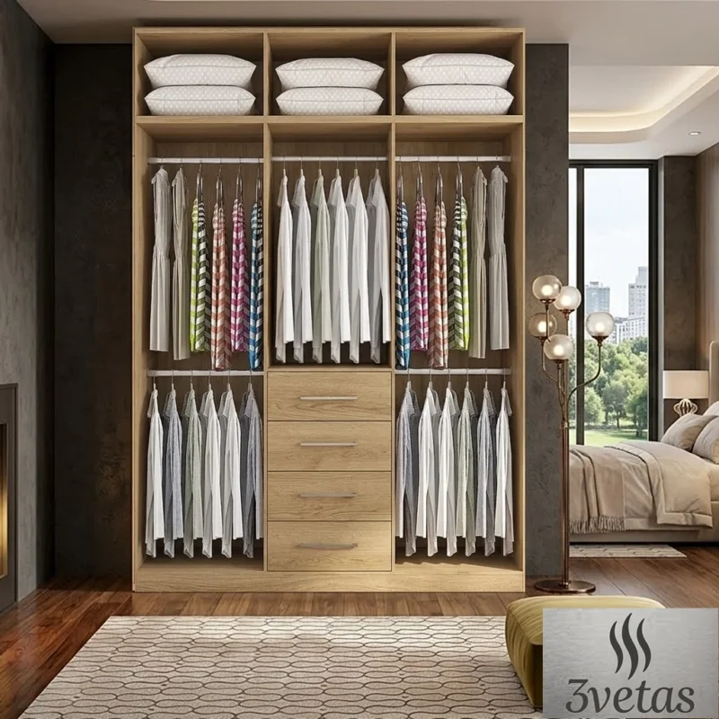 Closet modular moderno en textura rovere pelikano con cuatro cajones centrales y tubos colgadores de ropa