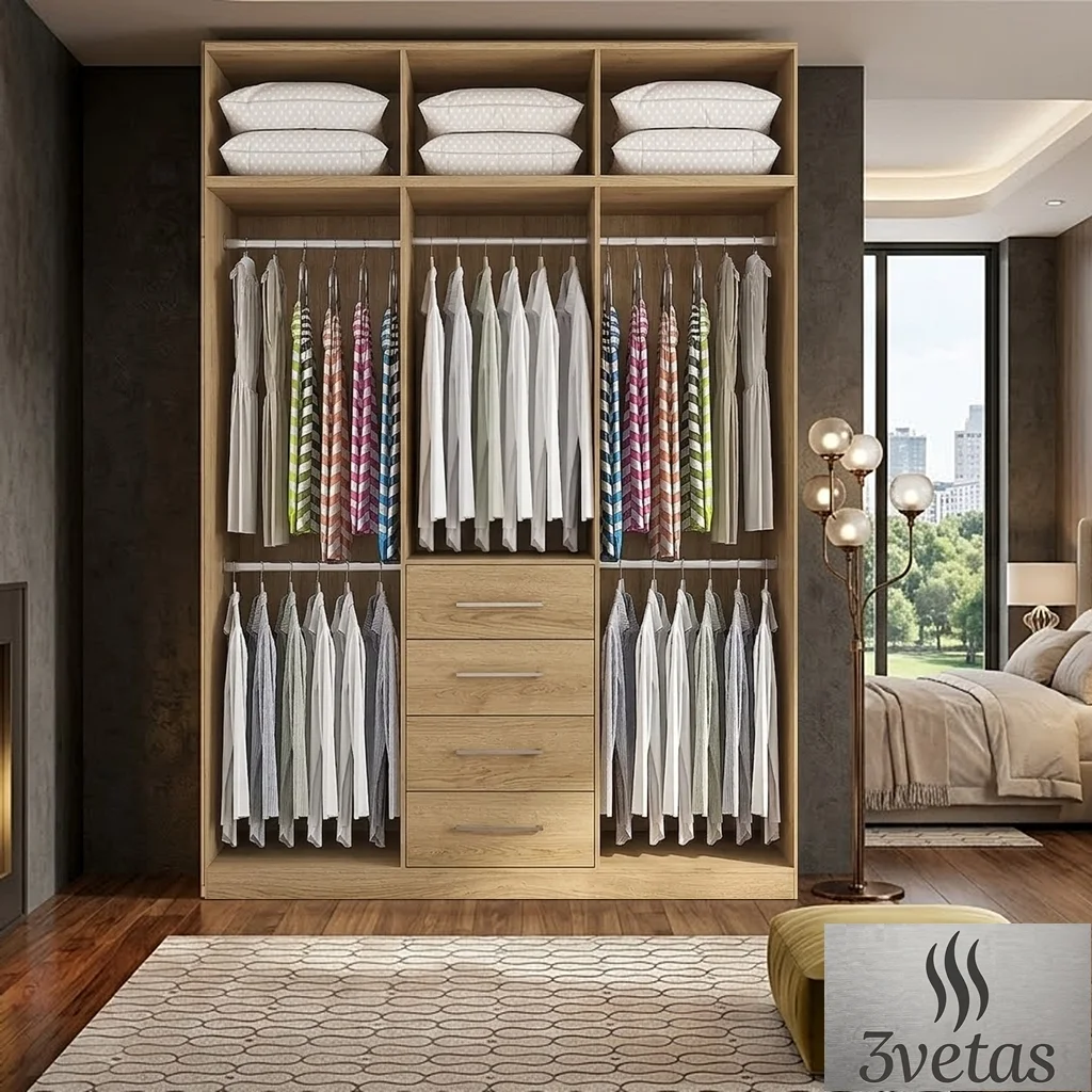 Closet modular moderno en textura rovere pelikano con cuatro cajones centrales y tubos colgadores de ropa