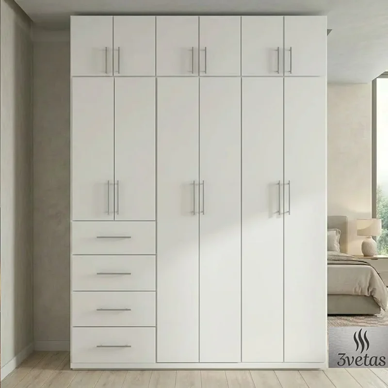 Clóset moderno blanco mate económico en Guayaquil con maletero superior y cajonera de 4 cajones para dormitorio, fabricado a medida por 3Vetas.