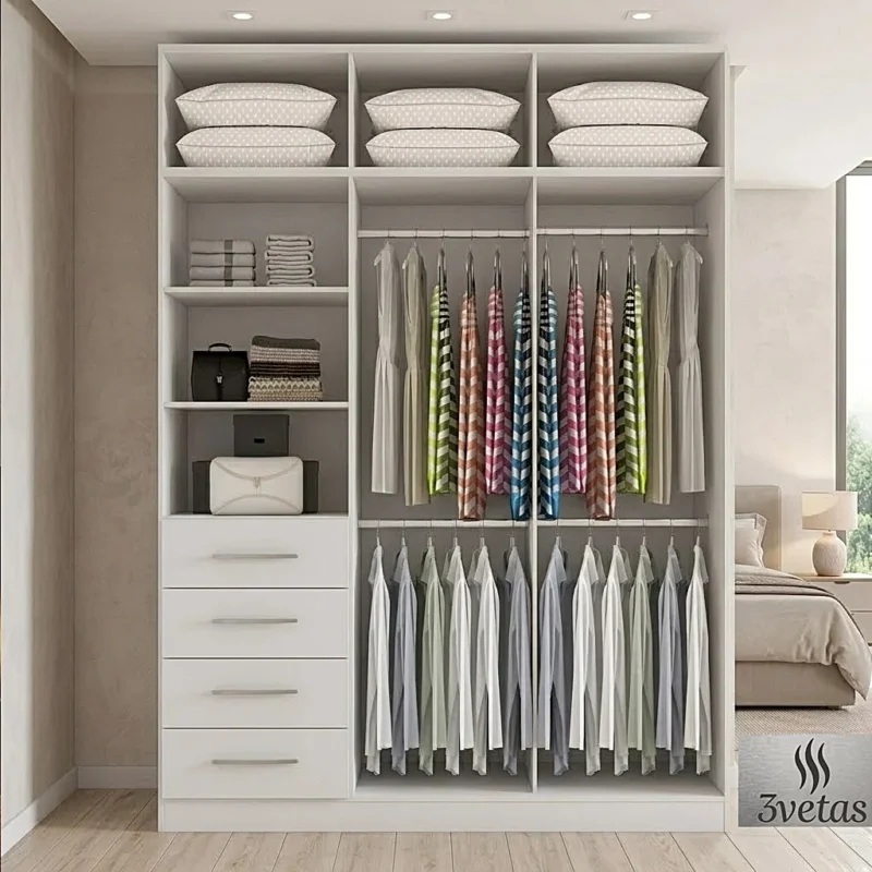 Distribución interior de clóset moderno económico en Guayaquil color blanco mate, con repisas organizadoras, maletero abierto y cajonera de 4 cajones por 3Vetas.