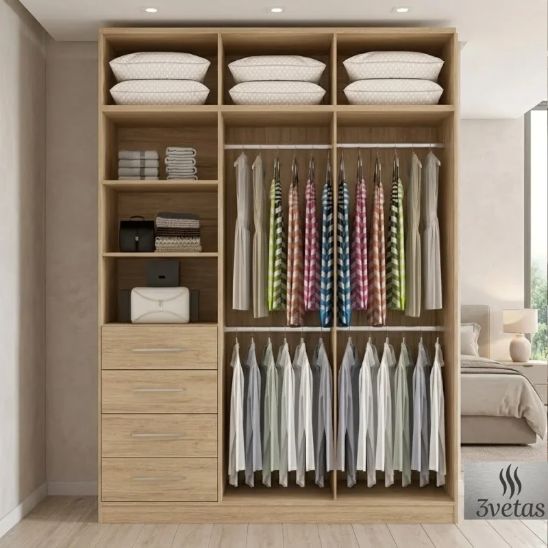 Distribución interior de clóset moderno económico en Guayaquil color Rovere, con repisas organizadoras, maletero abierto y cajonera de 4 cajones fabricado por 3Veta