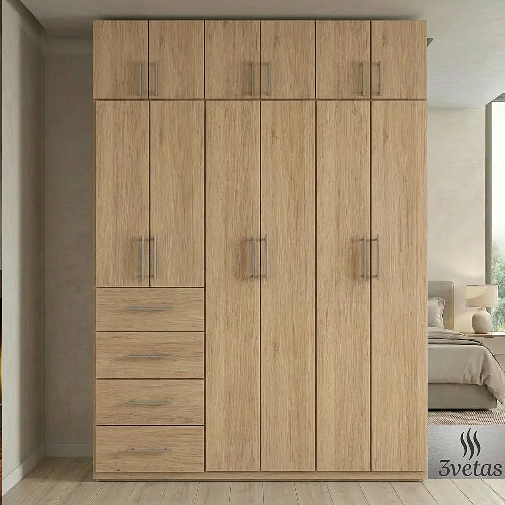 Clóset moderno económico en Guayaquil a medida con acabado en textura Rovere, maletero superior y cajonera externa para dormitorio, fabricado por 3Vetas.