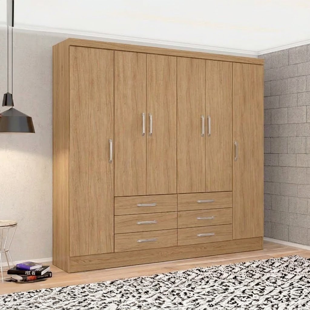 Clóset moderno y económico en Guayaquil con acabado en textura Rovere, diseño de 6 puertas y 6 cajones centrales para dormitorio, fabricado por 3Vetas.