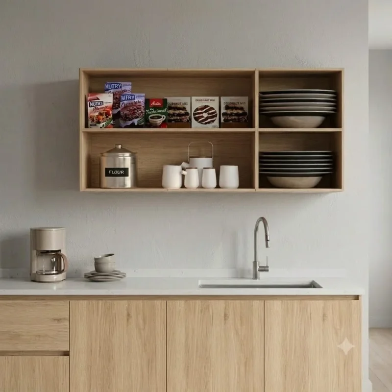 Anaquel flotante aéreo y abierto de cocina en textura amaderada Rovere con cuatro compartimentos organizadores. Contiene vajilla, tazas y alimentos ordenados, ubicado sobre una encimera blanca con fregadero y muebles bajos amaderados.