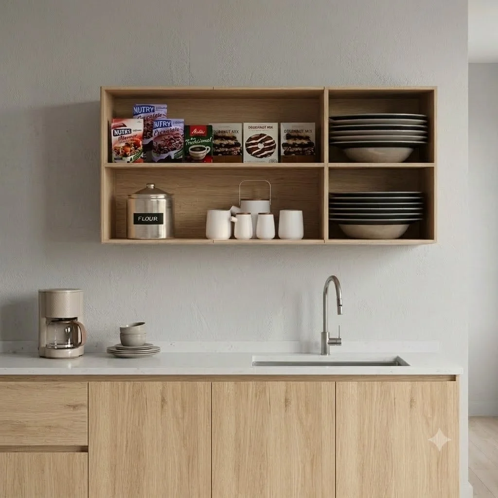 Anaquel flotante aéreo y abierto de cocina en textura amaderada Rovere con cuatro compartimentos organizadores. Contiene vajilla, tazas y alimentos ordenados, ubicado sobre una encimera blanca con fregadero y muebles bajos amaderados.