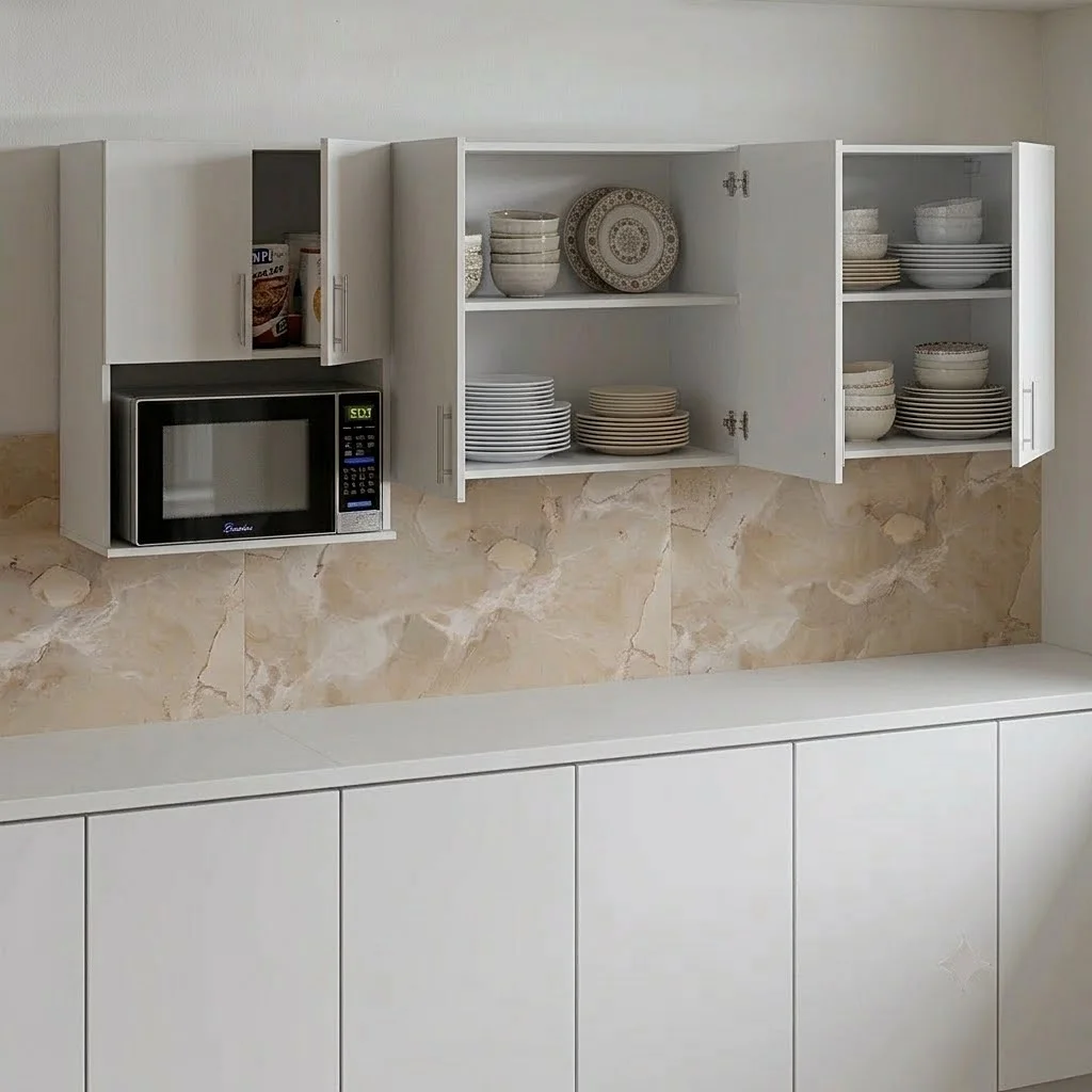 Vista de un moderno anaquel de cocina para microondas de color blanco montado en la pared. El mueble, fabricado en aglomerado tropicalizado resistente a la humedad, incluye un estante específico para el microondas y gabinetes abiertos y cerrados para guardar vajilla y despensa.