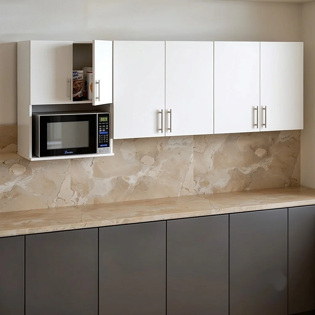 Vista de una cocina moderna que muestra los anaqueles de cocina altos de color blanco, que incluyen un nicho y anaquel de cocina para microondas fabricado en aglomerado tropicalizado. Debajo se observa un mesón de cuarzo beige y los anaqueles bajos en color gris oscuro.