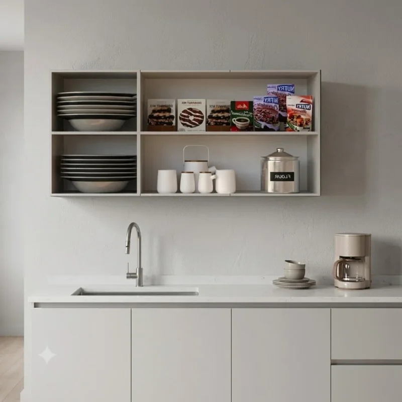 Anaquel aéreo abierto de cocina fabricado en tablero aglomerado RH antihumedad gris claro. Módulo flotante con cuatro nichos organizadores que muestran vajilla y alimentos sobre un mesón de cocina moderno.