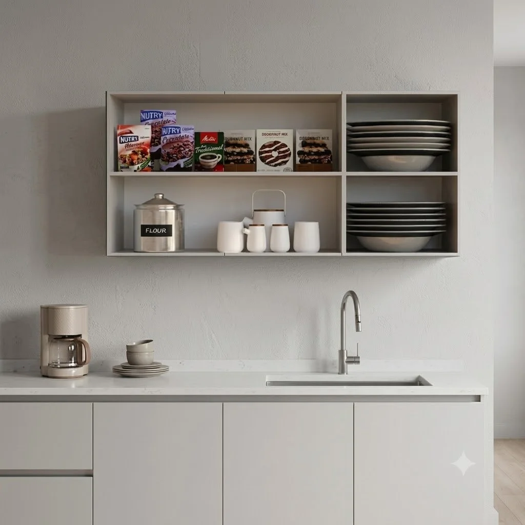Anaquel aéreo abierto de cocina fabricado en tablero aglomerado RH antihumedad gris claro. Módulo flotante con cuatro nichos organizadores que muestran vajilla y alimentos sobre un mesón de cocina moderno.