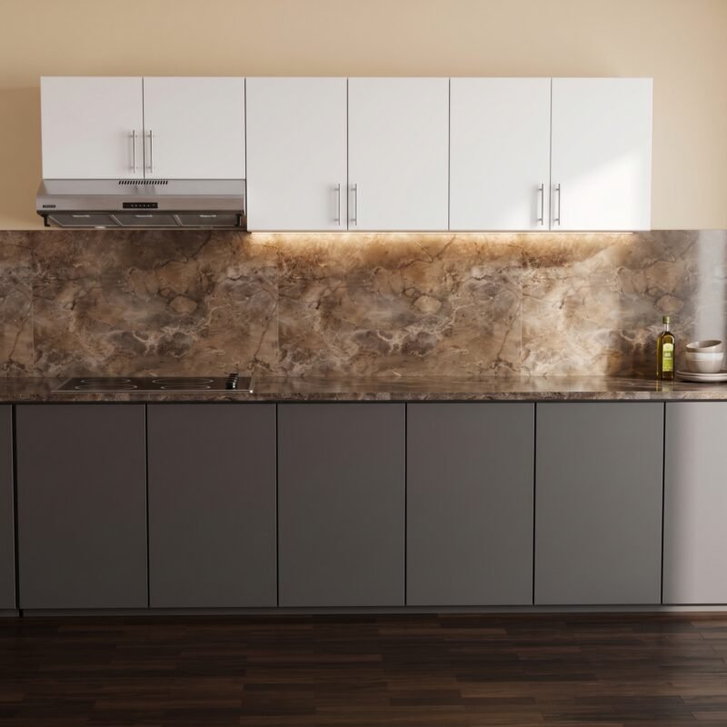 Perspectiva lateral de cocina moderna con anaqueles de cocina aéreos en textura ceniza e iluminación LED, salpicadero de mármol marrón y muebles inferiores en gris oscuro.