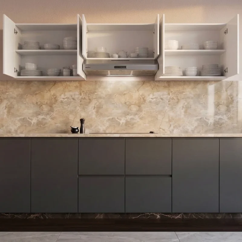 Gabinete aéreo de cocina blanco en melamina RH resistente a la humedad. Diseño moderno con frentes cerrados y puertas abiertas que revelan vajilla interior. Espacio integrado para campana extractora sobre salpicadero de mármol.