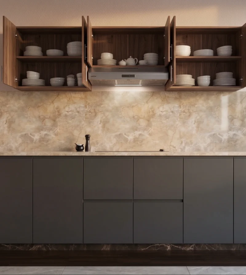 Mueble aéreo de cocina de 230 cm en melamina amaderada RH con puertas abiertas, mostrando repisas con vajilla ordenada y módulo central para campana extractora.