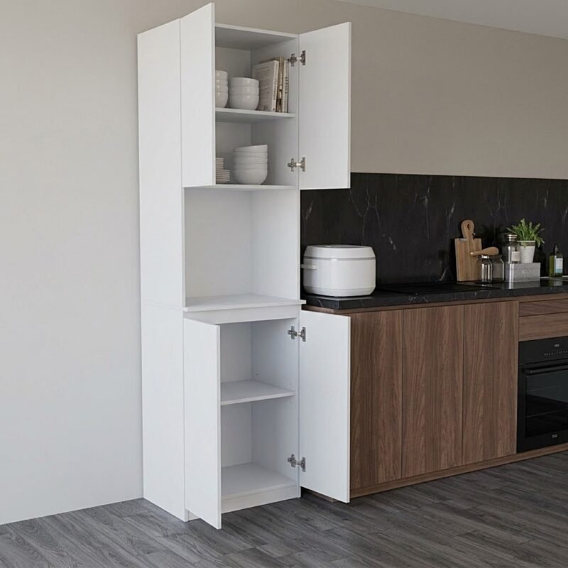 Alacena torre para cocina en melamina color Blanco con nicho central para microondas, repisa superior y 4 puertas de almacenamiento.