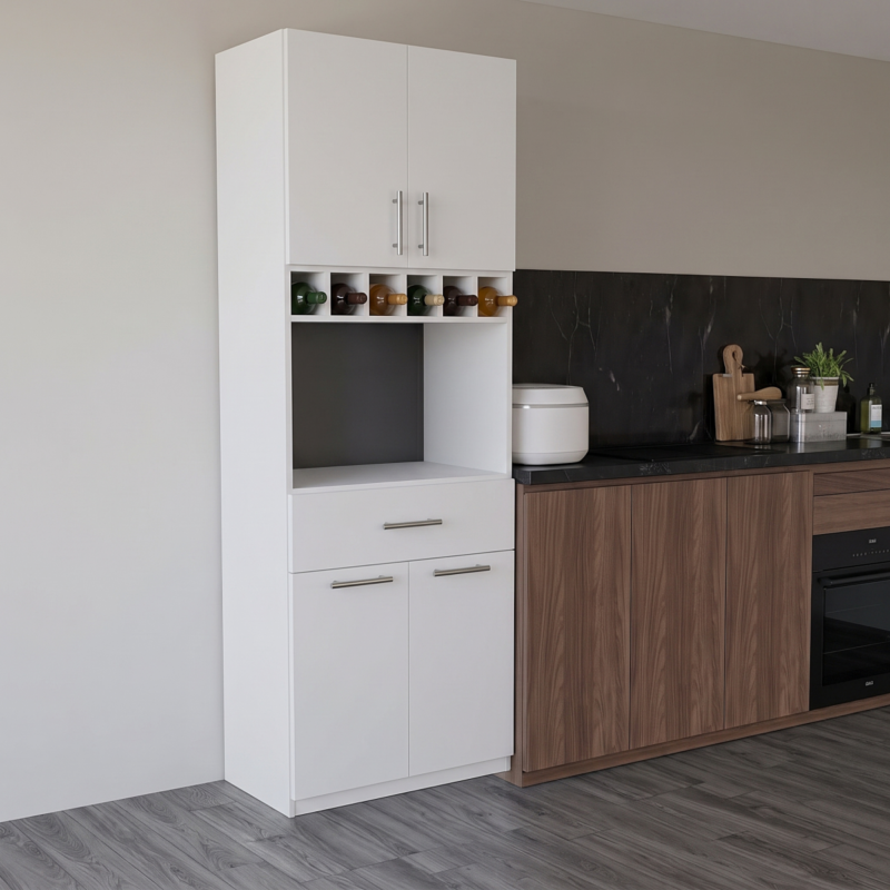 Transforma tu cocina con este anaquel de cocina de diseño funcional y moderno. Fabricado con melamina RH de alta resistencia a la humedad, es la solución perfecta para maximizar el almacenamiento y mantener todos tus utensilios, vajilla y bebidas perfectamente organizados en un solo lugar.