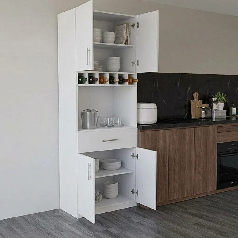Transforma tu cocina con este anaquel de cocina de diseño funcional y moderno. Fabricado con melamina RH de alta resistencia a la humedad, es la solución perfecta para maximizar el almacenamiento y mantener todos tus utensilios, vajilla y bebidas perfectamente organizados en un solo lugar.